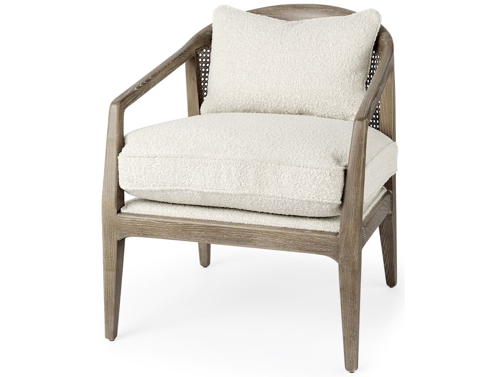 25.6L x 29.1W x 30.5H Light Brown Wood w/ Cream Fabric Seat and Cane Back Accent Chair