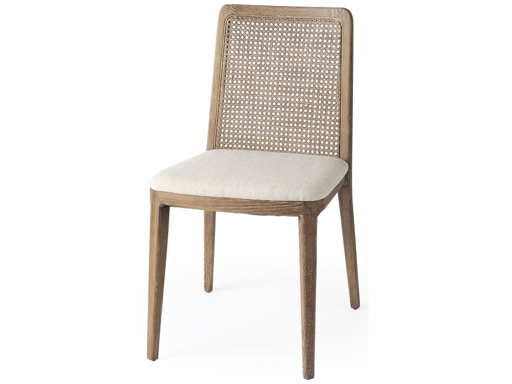 Light Brown Wood w/ Cream Fabric Seat and Cane Back Armless Dining Chair