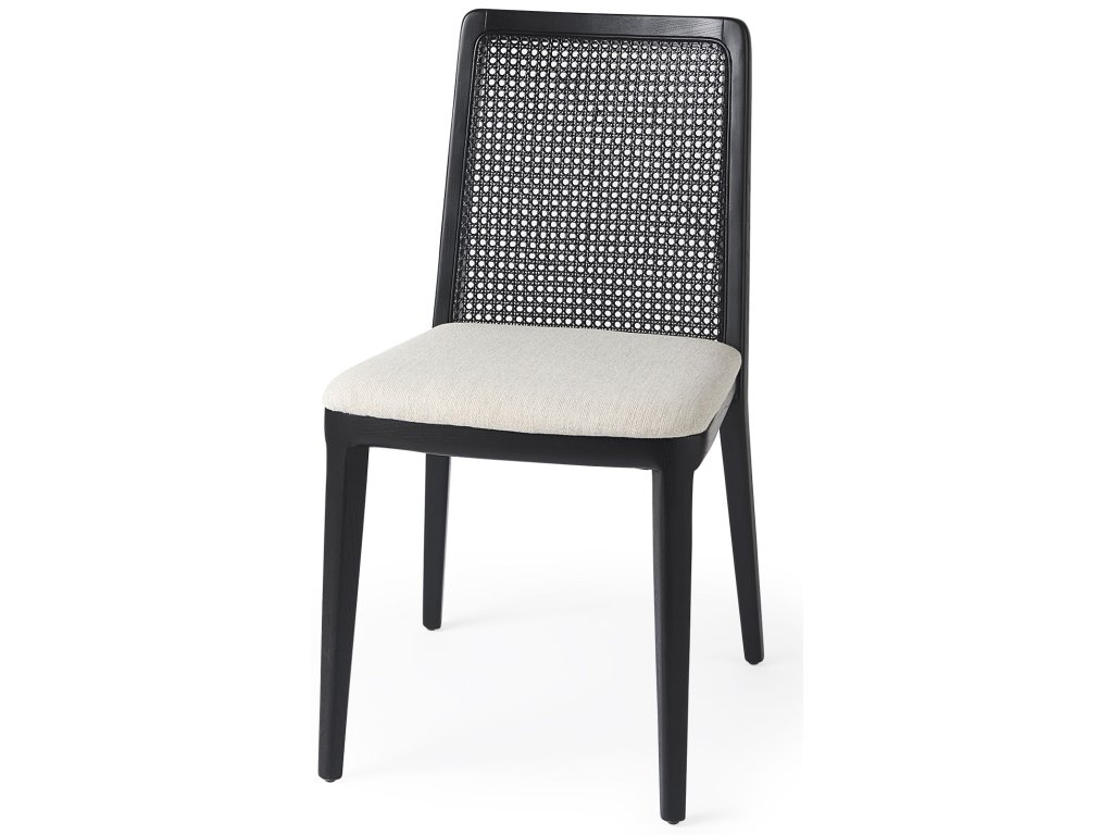 Black Wood w/ Cream Fabric Seat and Cane Back Armless Dining Chair