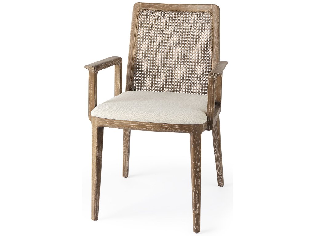 Light Brown Wood w/ Cream Fabric Seat and Cane Back Dining Chair