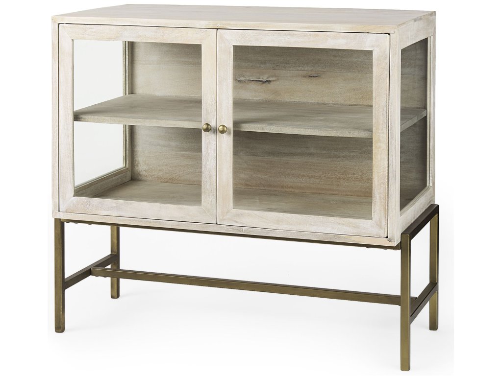 36L x 18W x 32H White Wood, Gold Metal Base w/ 2 Glass Doors Accent Cabinet
