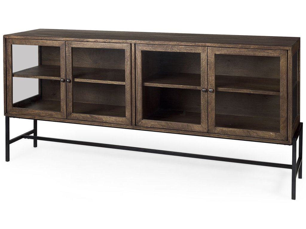 70L x 18W x 32H Medium Brown, Black Metal Base w/ 4 Glass Door Cabinets Sideboard