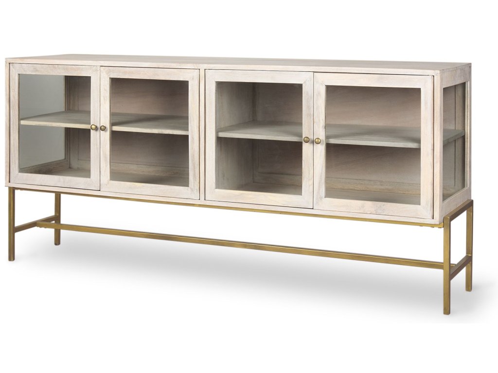 70L x 18W x 32H White Wood w/ Gold Metal Base 4 Door Glass Cabinet Sideboard