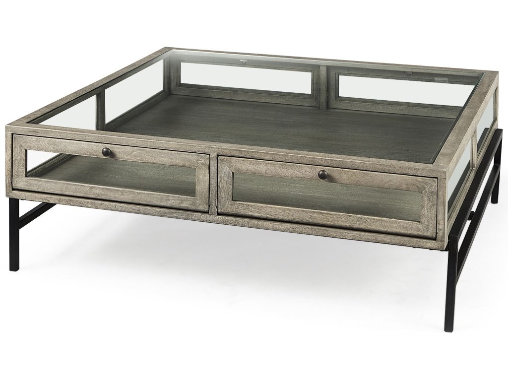 42" Square Glass-Top Gray Wood w/ Black Metal Base Display Coffee Table
