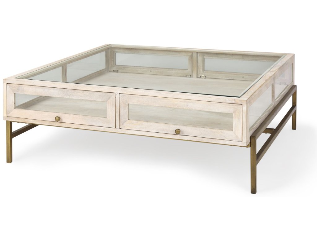 42L x 42W x 15H White Wood w/ Gold Metal Base Square Display Coffee Table