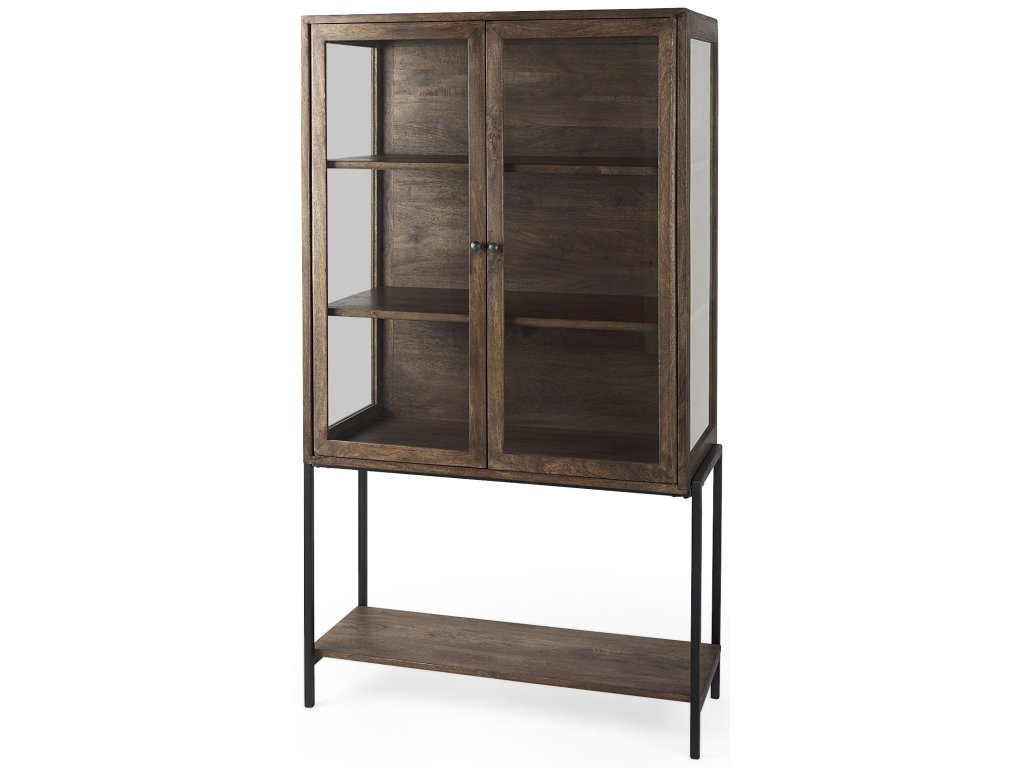 36L x 18W x 63H Medium Brown Wood w/ Black Metal Base Display Cabinet