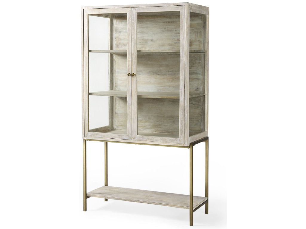 36L x 18.75W x 63H White Wood w/ Gold Metal Base Display Cabinet