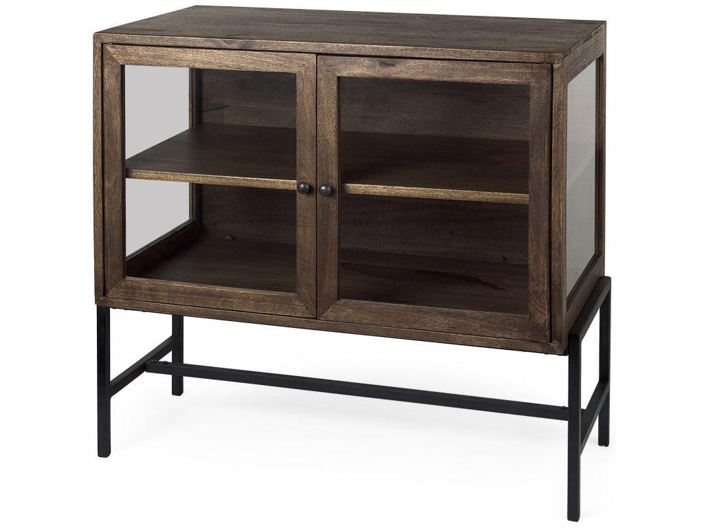36L x 18W x 32H Medium Brown Wood, Black Metal Base w/ 2 Glass Doors Accent Cabinet
