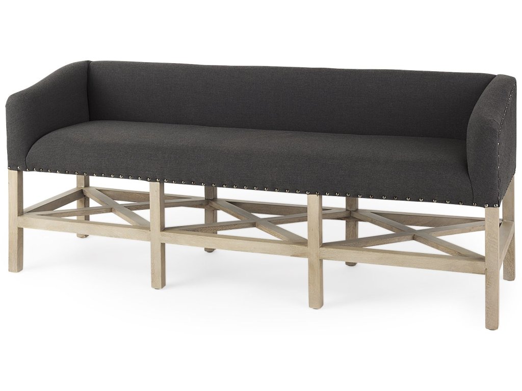 60.0L x 19.0W x 25.5H Dark Gray Fabric w/ Light Brown Wooden Base Accent Bench