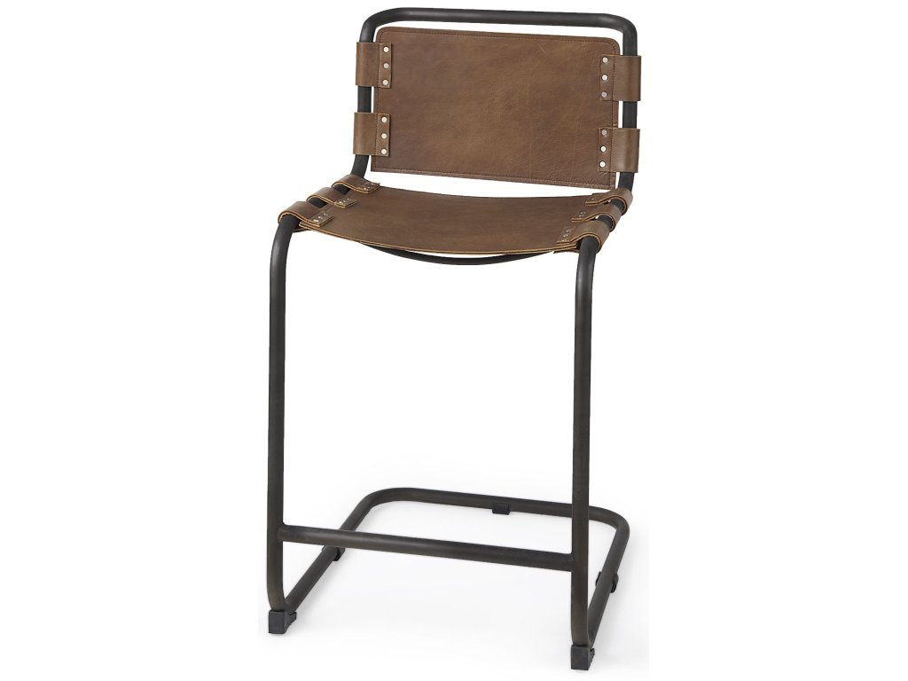 20.5 x 24.75 x 39 Medium Brown Leather w/ Iron Frame Counter Stool
