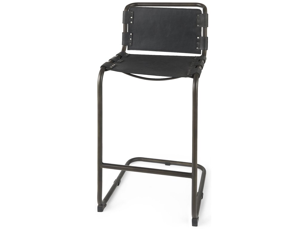 43" Total Height Black Leather w/ Iron Frame Bar Stool