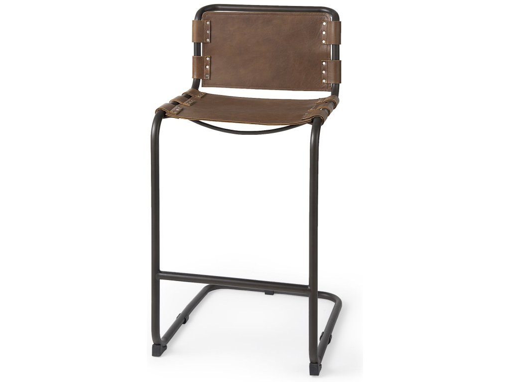 43" Total Height Medium Brown Leather w/ Iron Frame Bar Stool