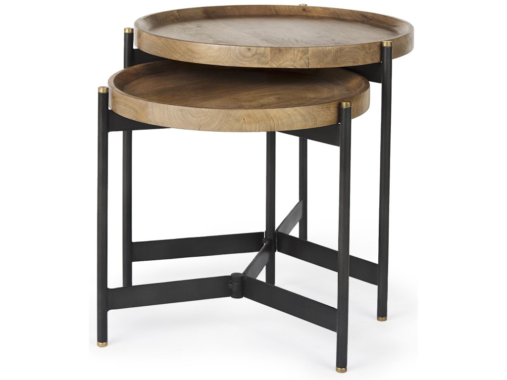 (Set of 2) 22.5L x 22.5W x 20.8H Light Brown Wood w/ Black Metal Base Nesting Side Tables
