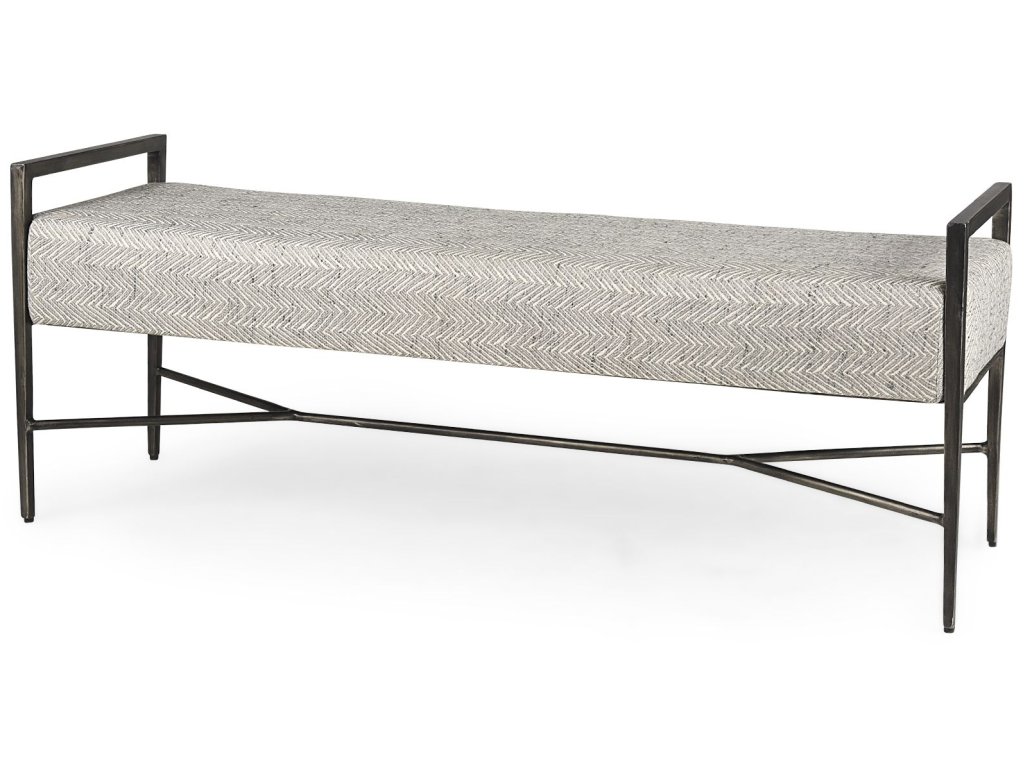 55.0L Gray Herringbone Fabric Seat w/ Antique Nickel Metal Frame Bench