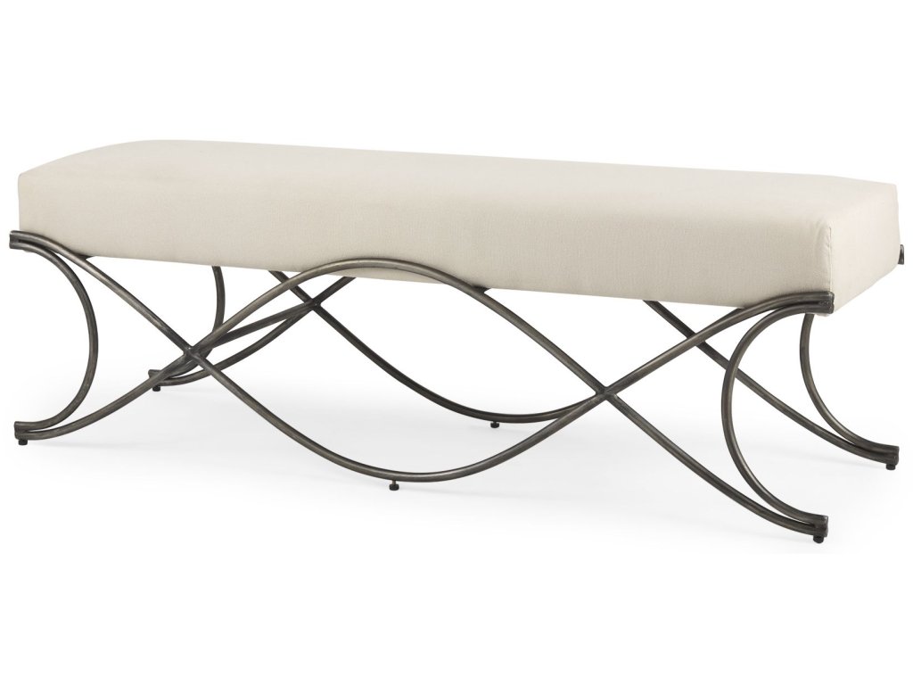 55L x 17.6W x 18H Cream Fabric Seat w/ Antique Nickel Frame Bench