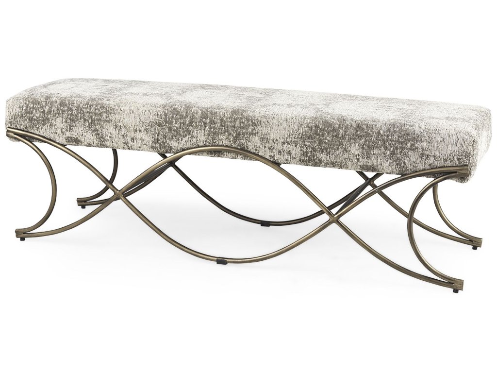 55L x 17.6W x 18H Light and Dark Gray Fabric Seat w/ Antique Gold Metal Frame Bench