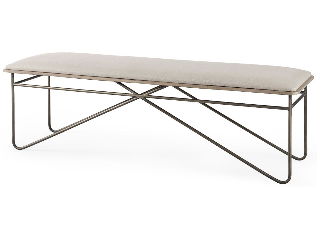 55.5L x 16.0W x 17.0H Cream Fabric Seat w/ Metal Frame Bench