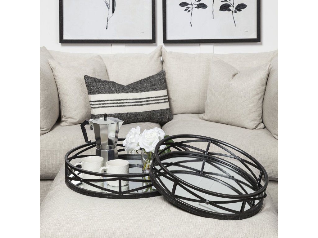 (Set of 2) Black Metal Mirrored Round Trays - Alternative View