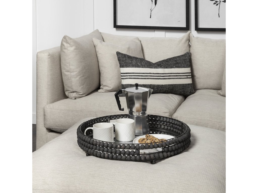 II 21L x 21W Black Wooden Bead Mirrored Bottom Round Tray