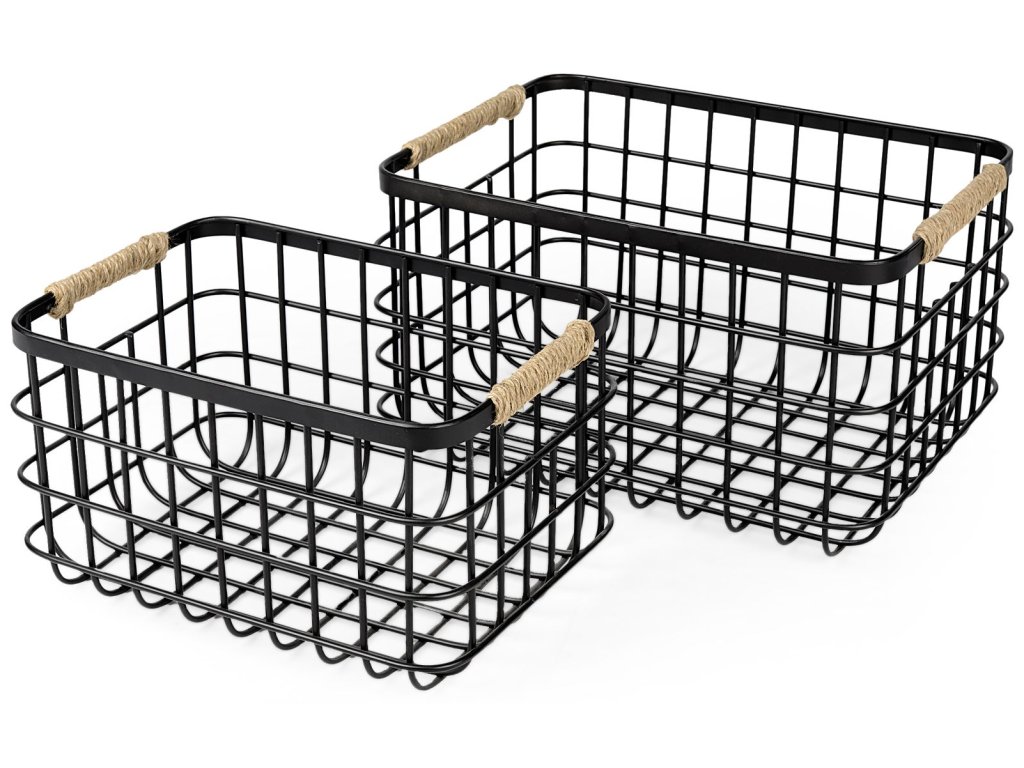 20.9L x 15.2W x 12.2 Set of 2 Matte Black Metal w/ Rope Trim Rectangular Baskets