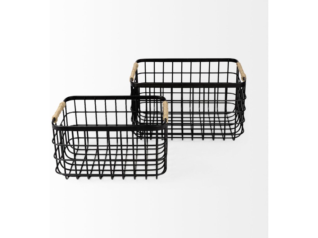 20.9L x 15.2W x 12.2 Set of 2 Matte Black Metal w/ Rope Trim Rectangular Baskets - Alternative View
