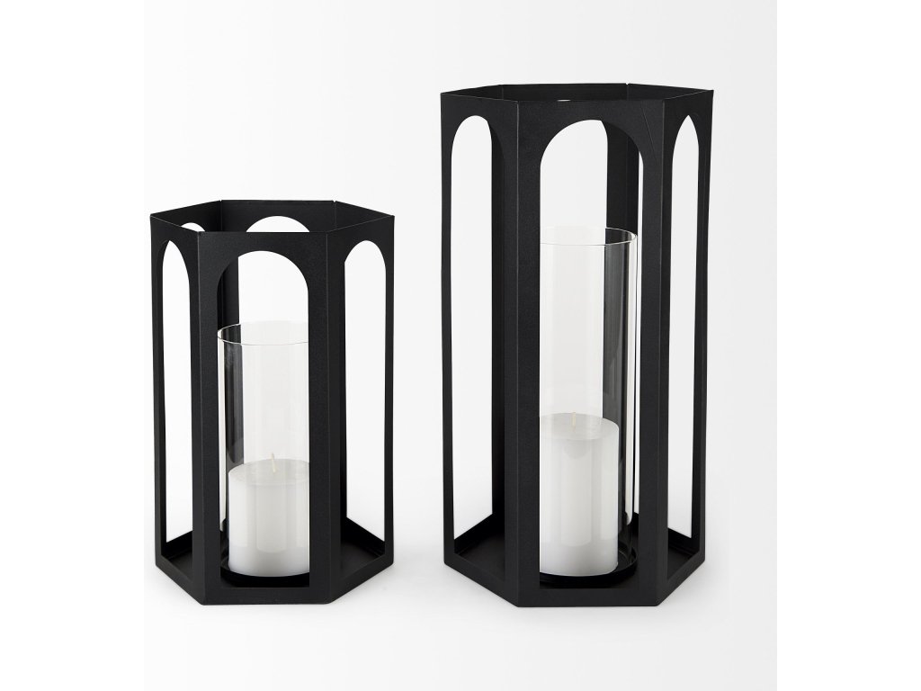 9.4L x 9.4W x 19.7H Set of 2 Matte Black Metal Hexagonal Candle Holder Lanterns
