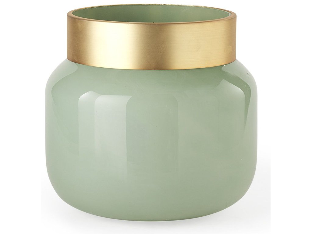 9.9L x 9.9W x 9.6H Green Glass Vase w/Matte Gold Metal Neck Cuff