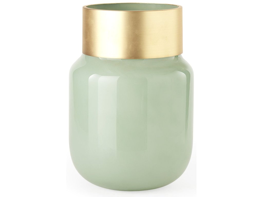 Medium 8.7L x 8.7W x 12.4H Green Glass Vase w/Matte Gold Metal Neck Cuff