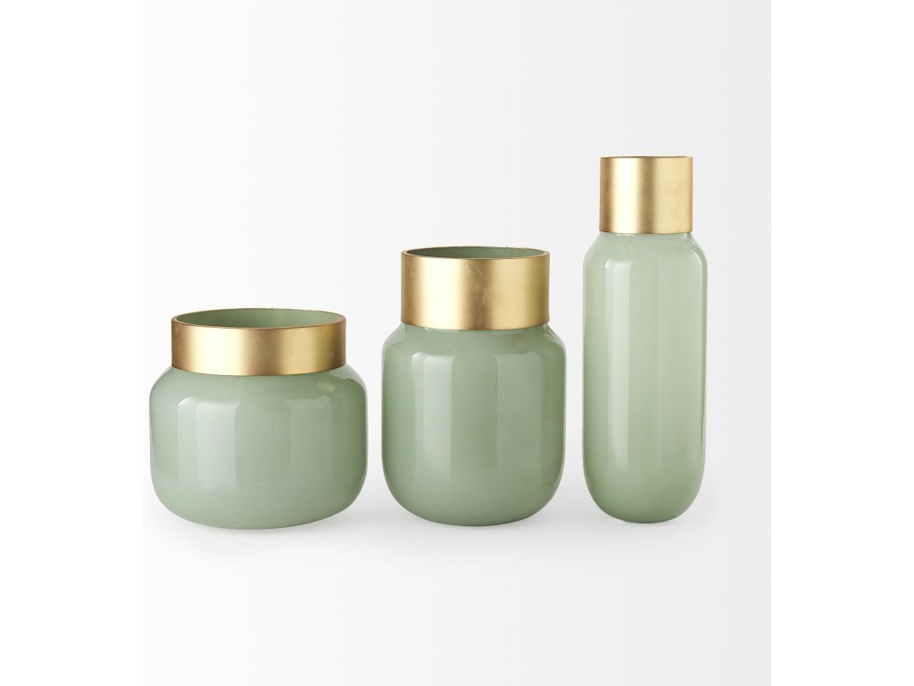 Medium 8.7L x 8.7W x 12.4H Green Glass Vase w/Matte Gold Metal Neck Cuff