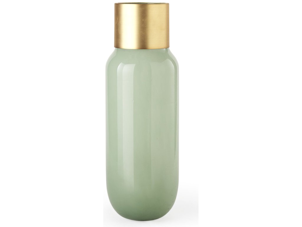 5.7L x 5.7W x 16.8H Green Glass Vase w/Matte Gold Metal Neck Cuff