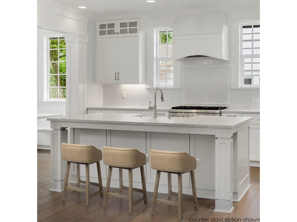 30.5" Seat Height Cream/Beige Fabric Seat Brown Wood Frame Bar Stool