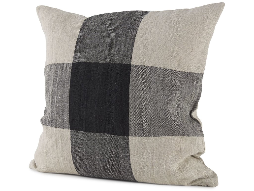 18L x 18W Beige and Black Fabric Plaid Decorative Pillow Cover