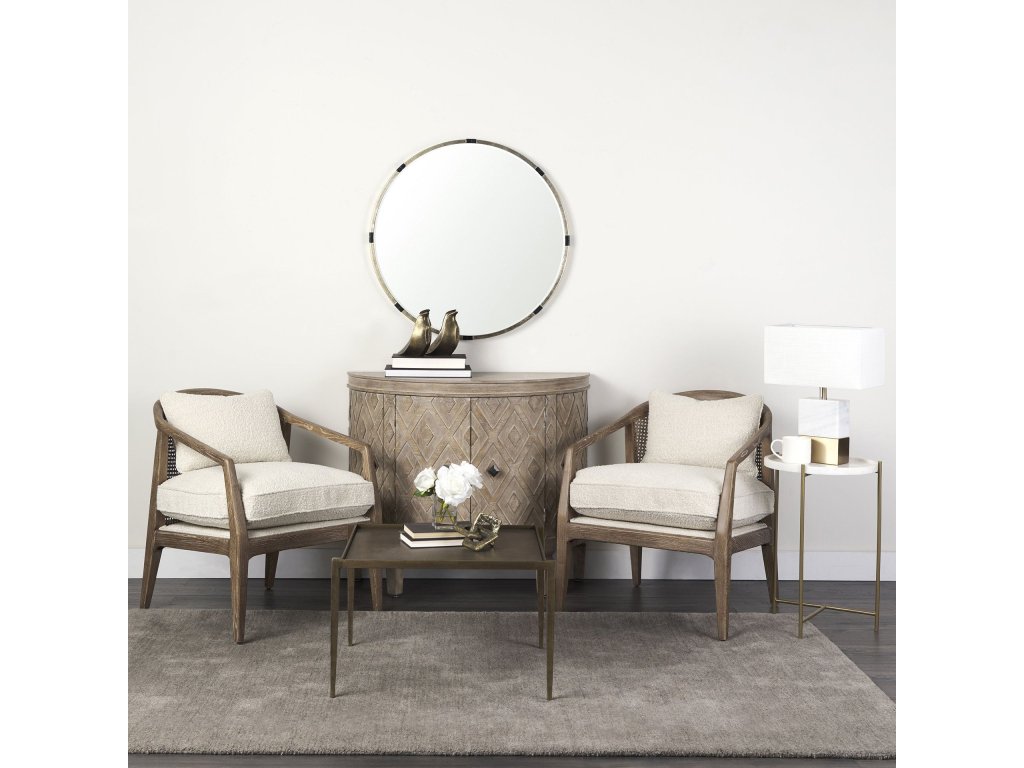 25.6L x 29.1W x 30.5H Light Brown Wood w/ Cream Fabric Seat and Cane Back Accent Chair