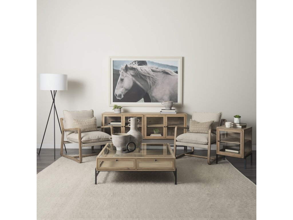 70L x 18W x 32H Light Brown Wood, Black Metal Base w/ 4 Glass Cabinet Doors Sideboard - Alternative View