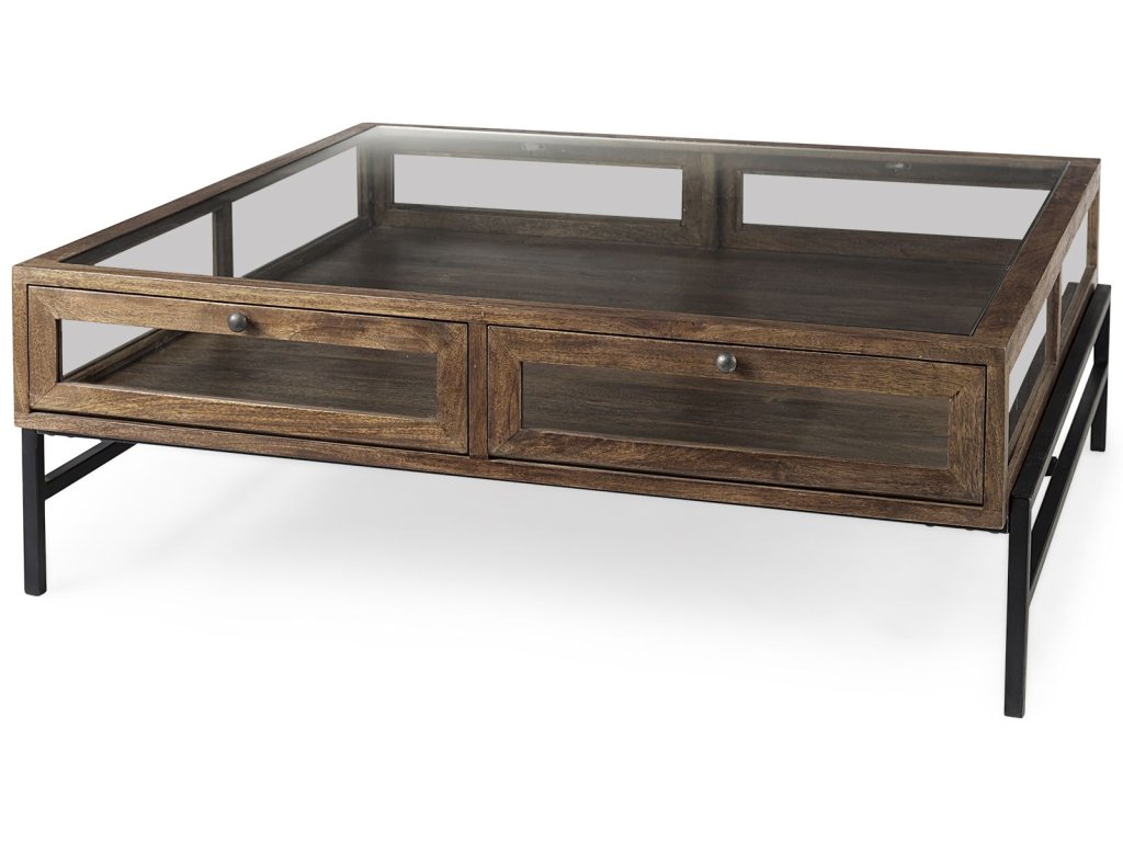 42" Square Glass-Top Medium Brown w/ Black Metal Base Display Coffee Table
