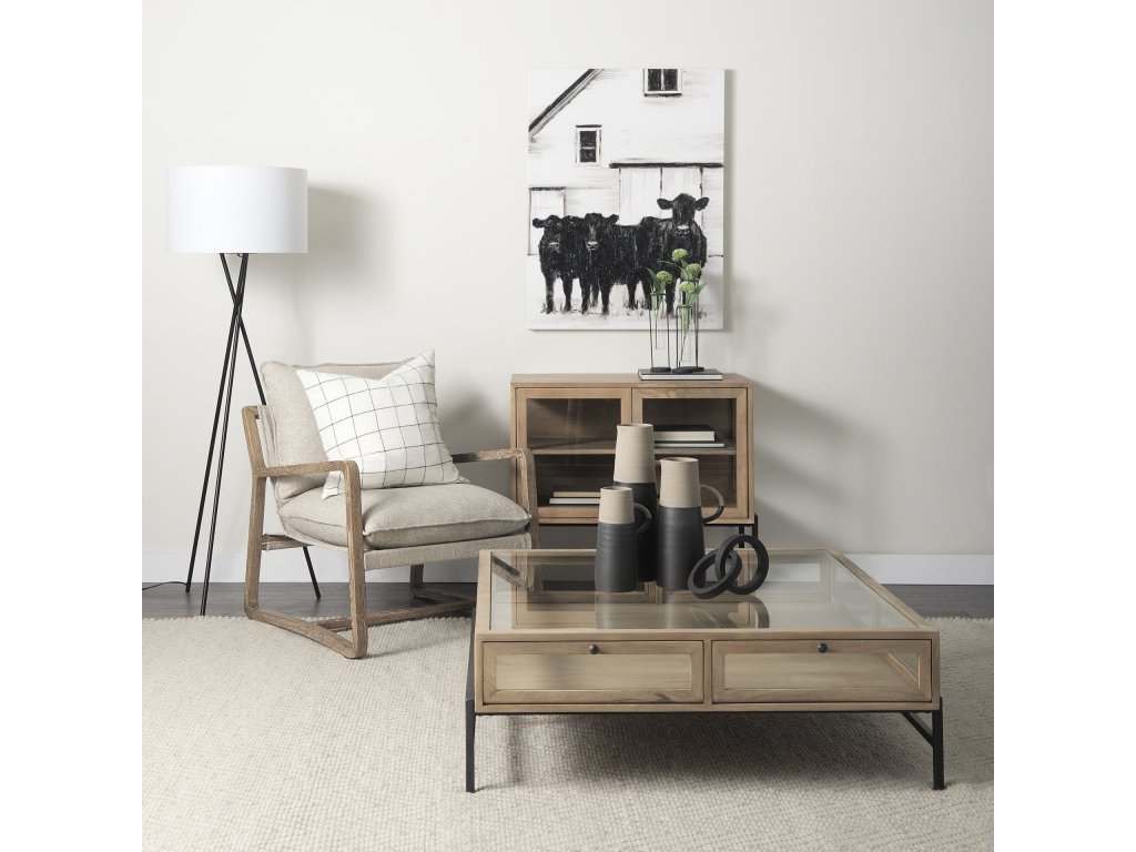36L x 18W x 32H Light Brown Wood, Black Metal Base w/ 2 Glass Doors Accent Cabinet - Alternative View