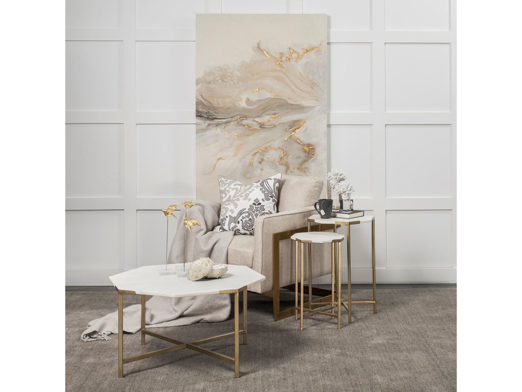 33" Octagonal White Marble Tabletop w/ Gold Metal Base Coffee Table
