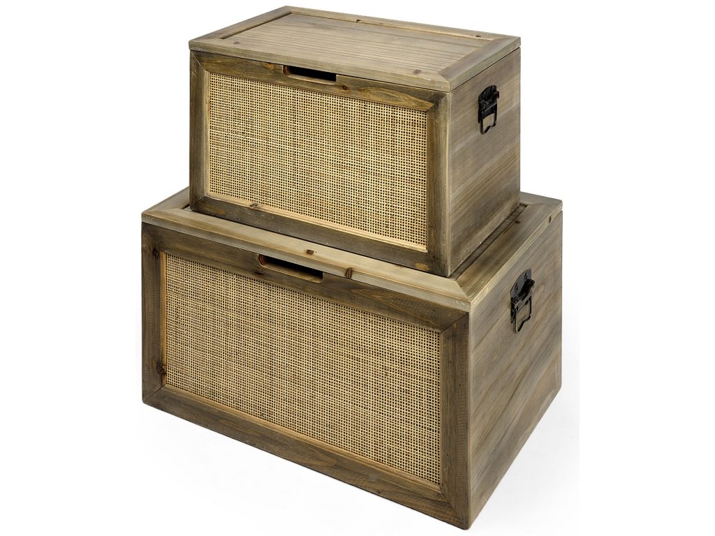 23.6L x 15.7W x 13.8H Set of 2 Brown Wood and Wicker w/ Metal Detail Rectangular Boxes