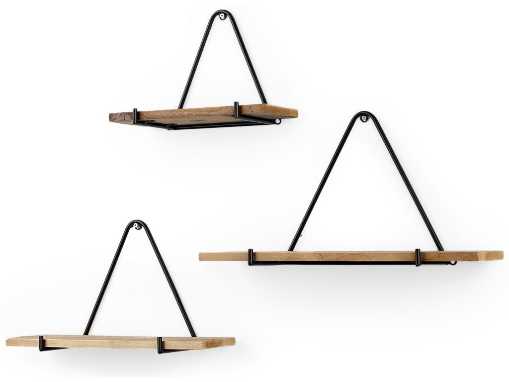 18.9L x 5.5W x 10.2H Set of 3 Brown Wood w/ Black Metal Triangular Hanging Shelves