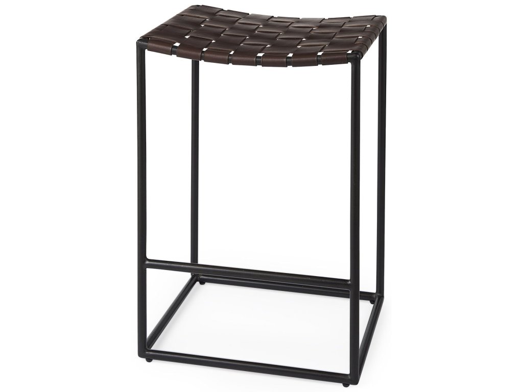 18.0L x 16.0W x 26.25H Dark Brown Woven Leather Seat w/ Black Iron Frame Counter Stool