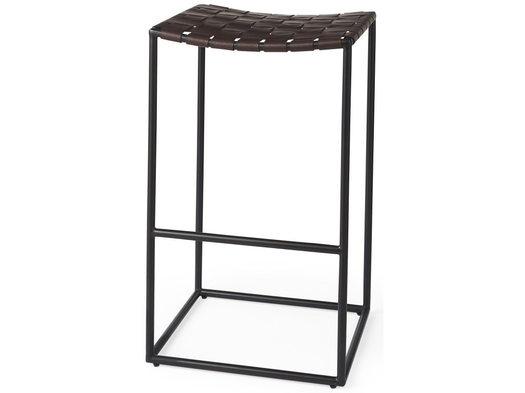 18.0L x 16.0W x 30.25H Dark Brown Woven Leather Seat w/ Black Metal Frame Bar Stool