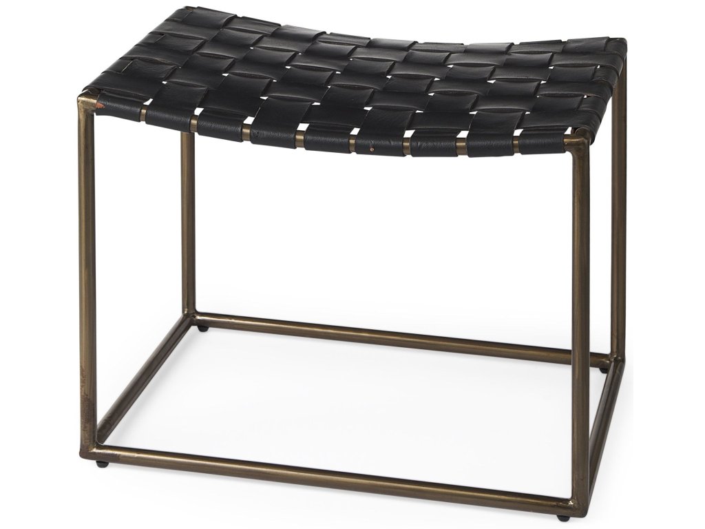 22.0L x 16.0W x 16.75H Black Leather Woven Seat w/ Gold Metal Frame Stool