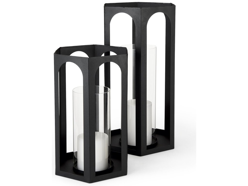 9.4L x 9.4W x 19.7H Set of 2 Matte Black Metal Hexagonal Candle Holder Lanterns