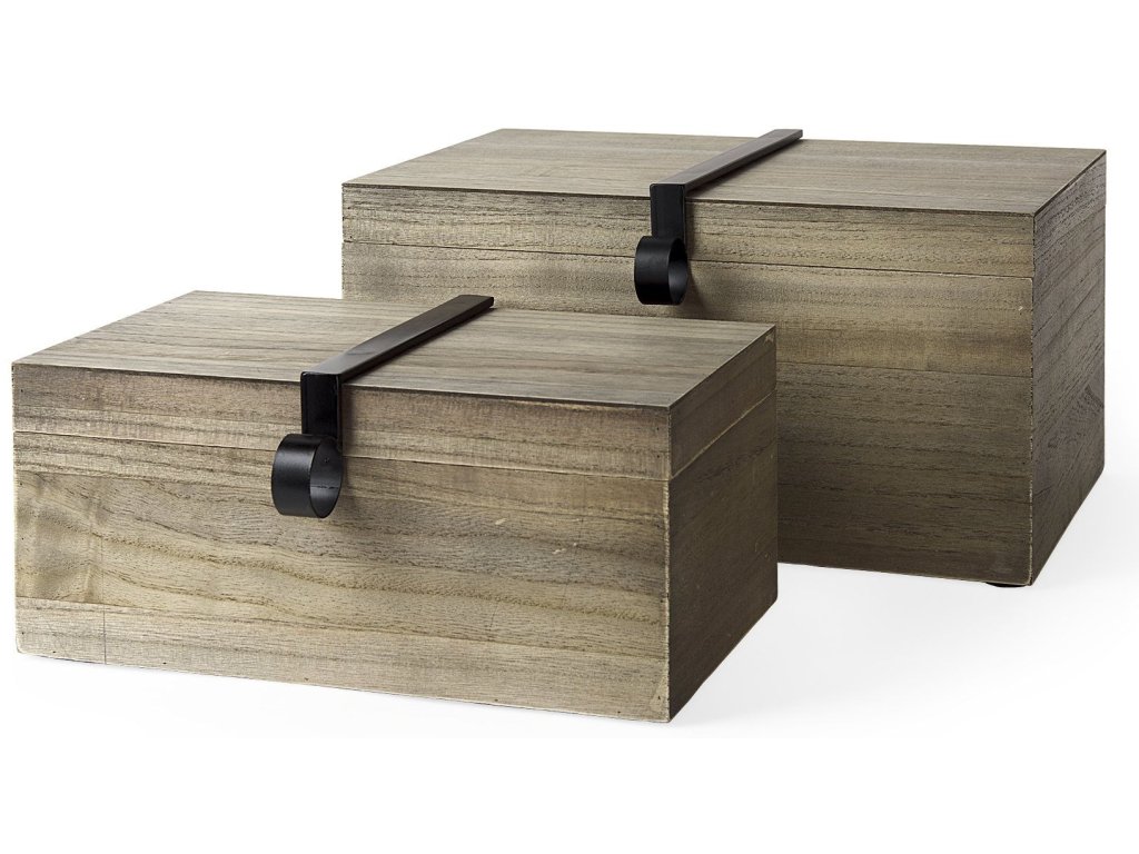 15.9L x 11.6W x 8.3H Set of 2 Light Brown Wood w/ Metal Detail Boxes