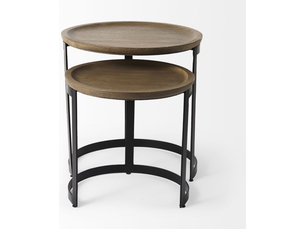 (Set of 2) 19.3L x 19.3W x 19H Light Brown Wood w/ Black Metal Base Round Nesting Side Tables
