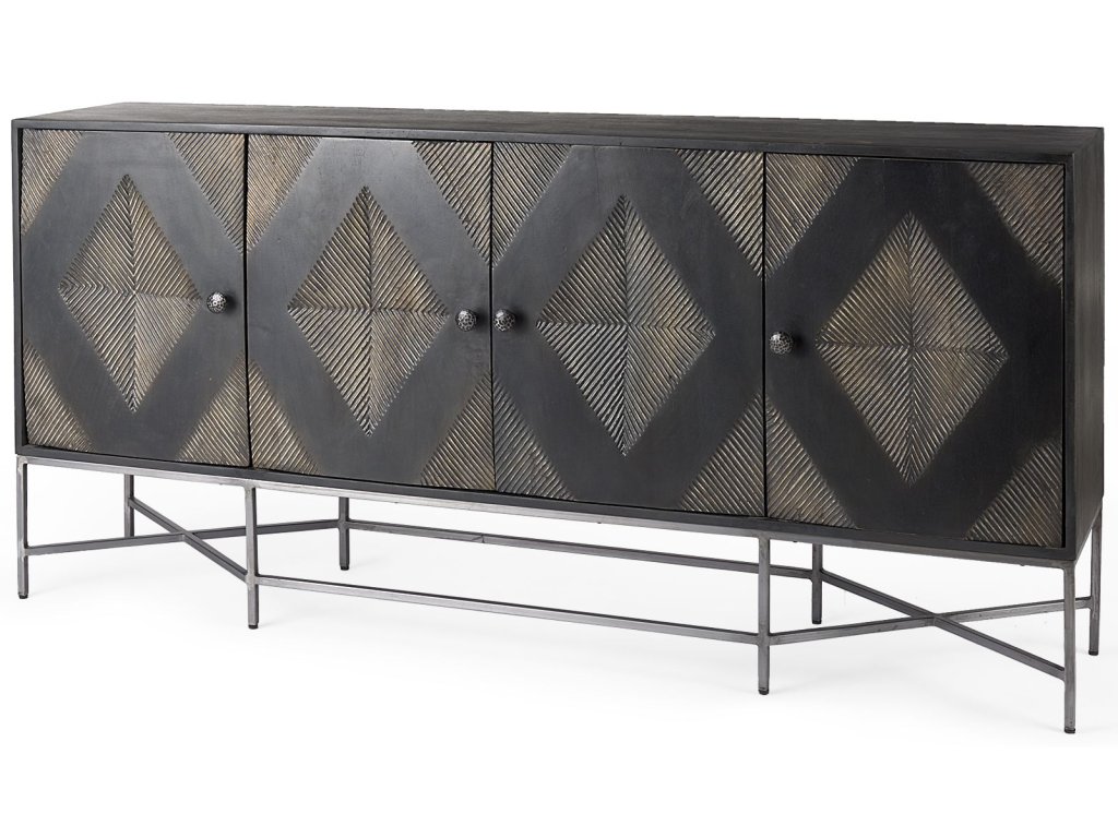 I 72X15 Two-Tone Brown Solid Wood Base Silver Frame 4 Cabinet Sideboard