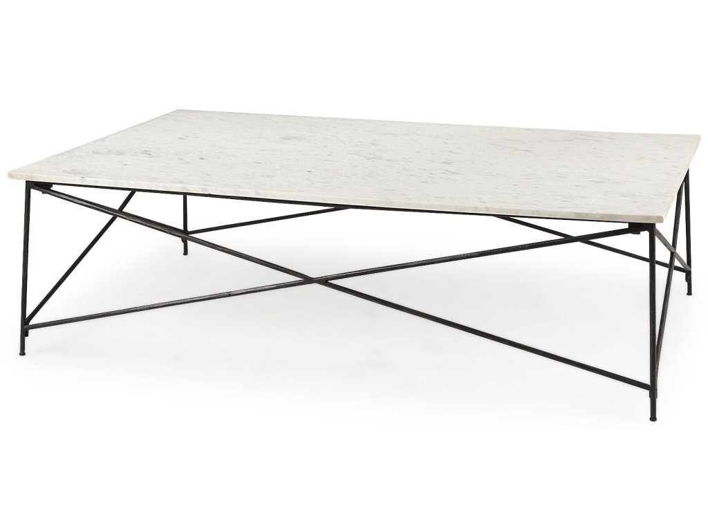 I 53.0 x 35.0 x 15.5 White Marble Top w/ X-Shaped Antique Gold Iron Base Coffee Table