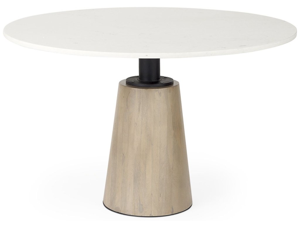 48L x 48W x 30H White Marble Round Top w/ Black Metal and Wood Pedestal Base Dining Table