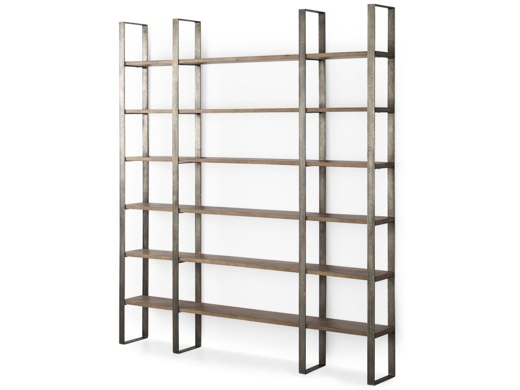 80L x 10.5W x 90H Medium Brown Wood w/ Antique Nickel Metal Frame 6 Tier Shelving Unit