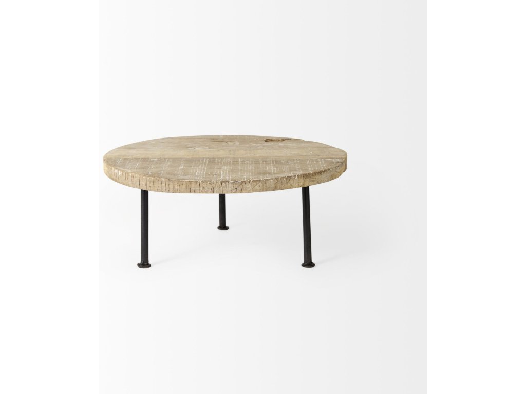 15L x 15W x 6H Round Light Brown Wood w/ Black Metal Legs Decorative Display Stand